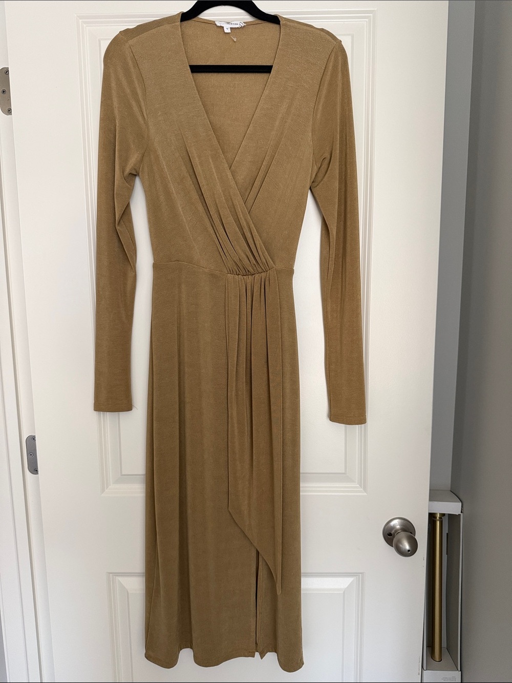 Long Sleeve Wrap Midi Dress in Camel
